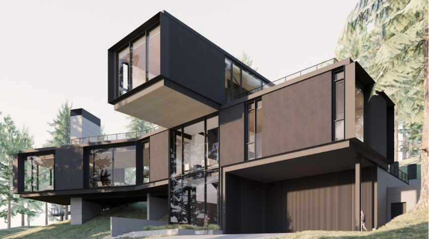 Modern multi-level house with large glass windows and dark exterior panels, set on a sloped plot surrounded by trees, expertly designed through the Custom Building Network.