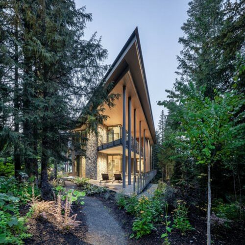 Modern home with sharp angled roof and extensive glass walls, surrounded by tall trees and dense greenery, with a gravel path leading to the entrance.