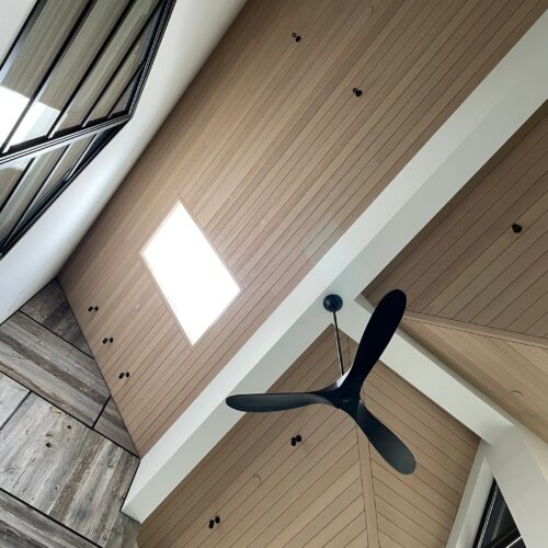Ceiling view featuring a modern black ceiling fan, skylight, wood paneling, and angled windows with natural light entering the space.