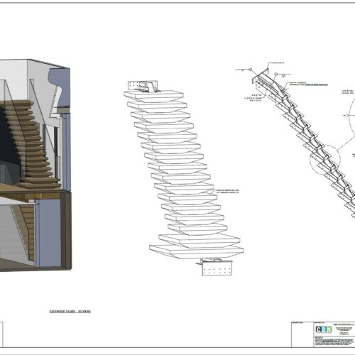Technical drawing showing a modern staircase with sectional, side, and detailed views, including construction notes and dimensions.