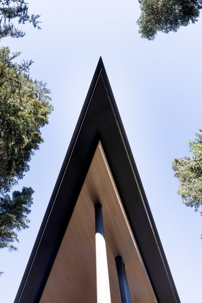 Upward view of a modern building’s sharp triangular roof with supporting columns, framed by tall trees against a clear sky.