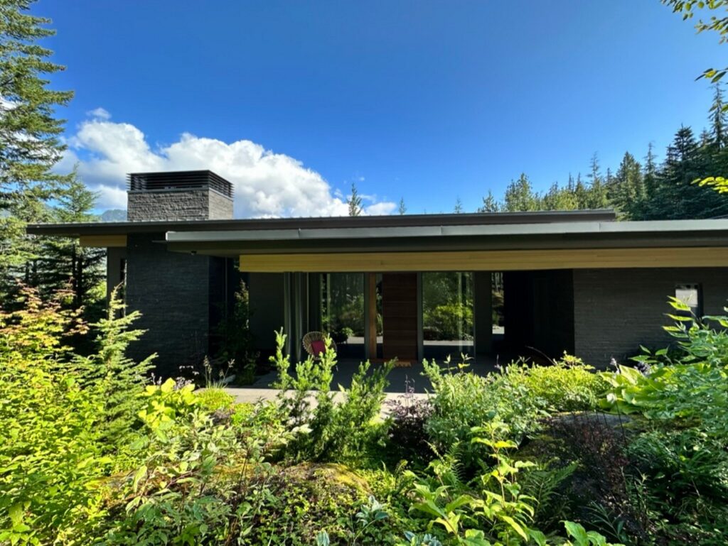 A modern, single-story house with dark exterior walls, large windows, and a wide flat roof, surrounded by lush green vegetation and trees under a clear sky.