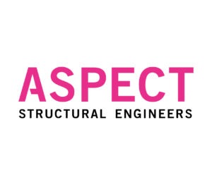 Logo for Aspect Structural Engineers; "ASPECT" is in large pink letters, with "STRUCTURAL ENGINEERS" and "Custom Building Network" in smaller black letters underneath on a white background.