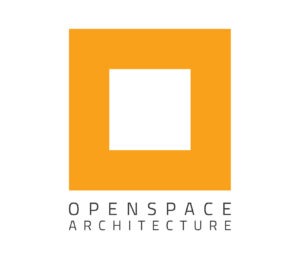 Logo for OpenSpace Architecture featuring an orange square frame with a white center, symbolizing connection within the Custom Building Network, with the company name below in bold uppercase black letters.